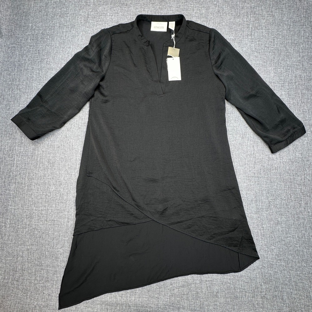 Chicos Tulia Flowing Layers Tunic Women 00 (XS) Black Asymmetrical Lagenlook NEW